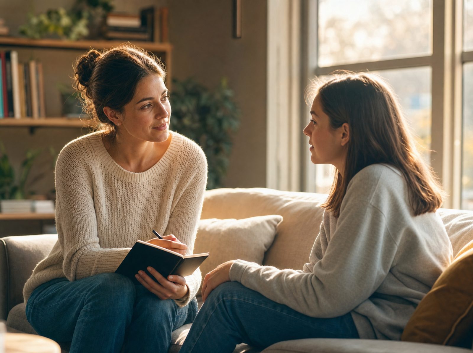 A counselor and a teenager in a warm, sunlit conversation